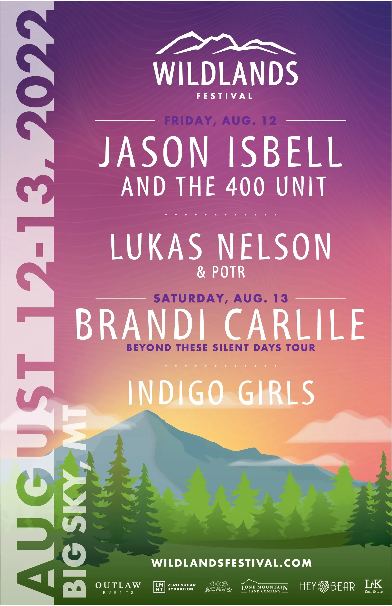 2022 Wildlands poster: an illustrated peak and pine forest under a purple and orange gradient sky.