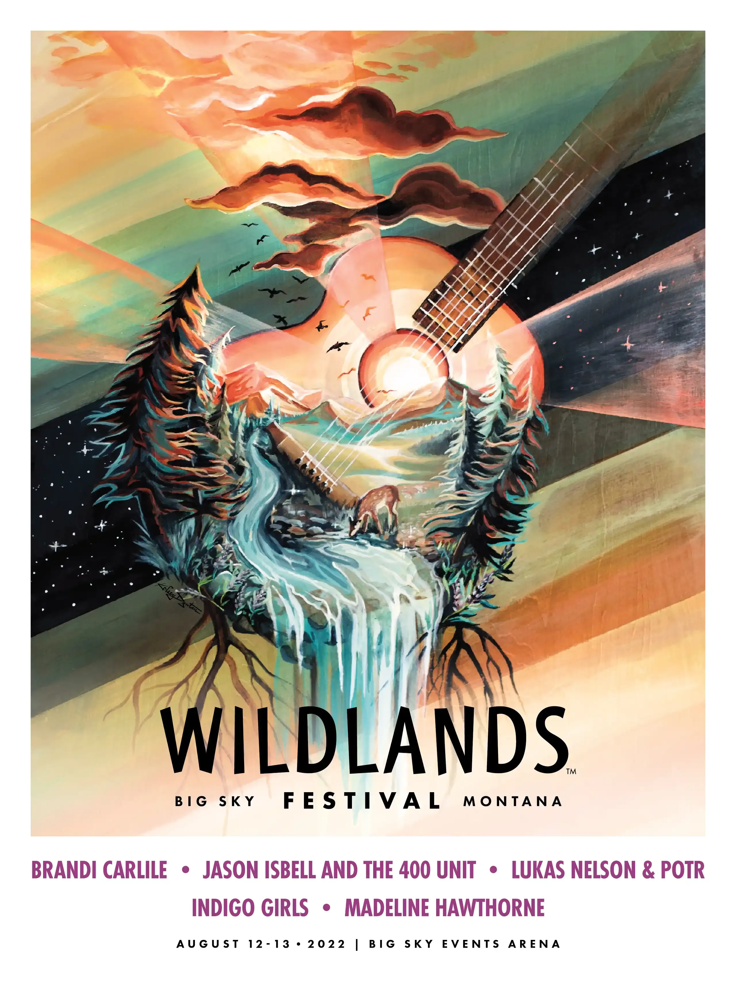 2022 Wildlands artist design poster: a painted guitar dissolving into a waterfall, pines and a sunrise.