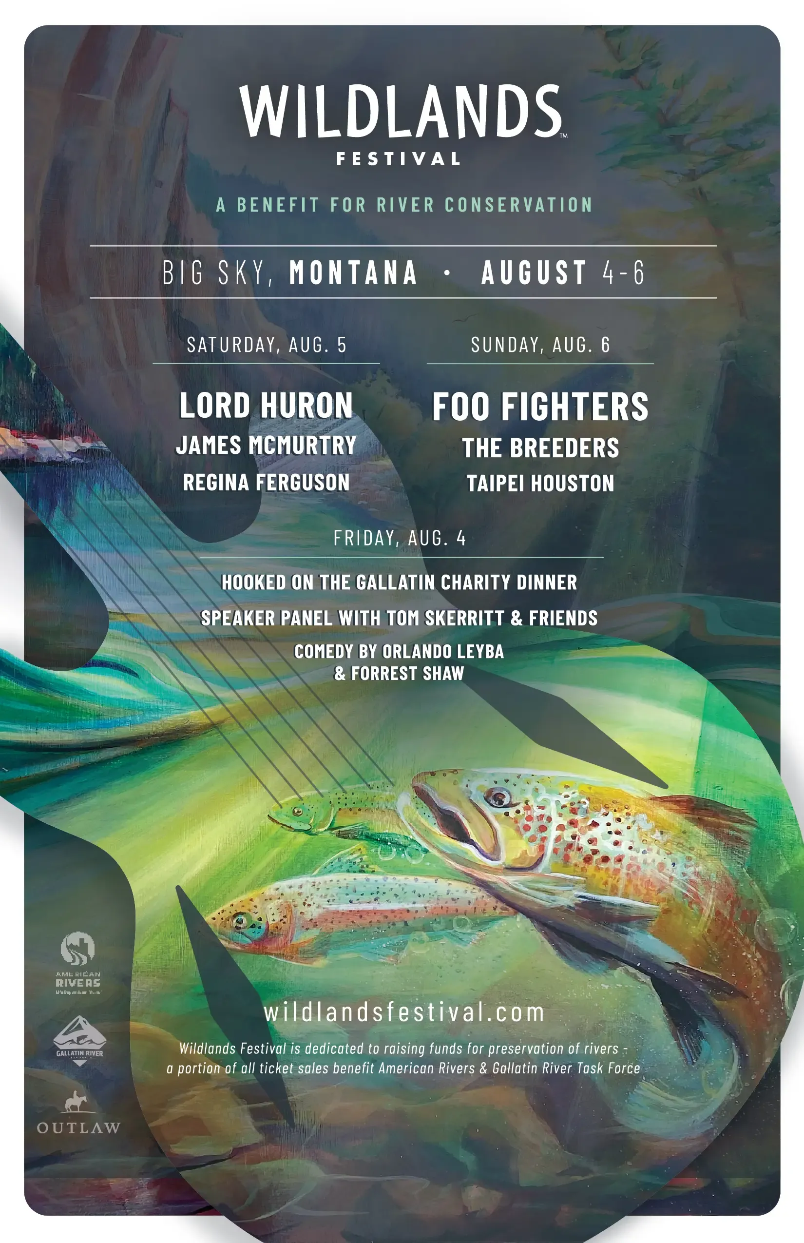 2023 Wildlands poster: painted trout beneath a guitar silhouette in green river water.