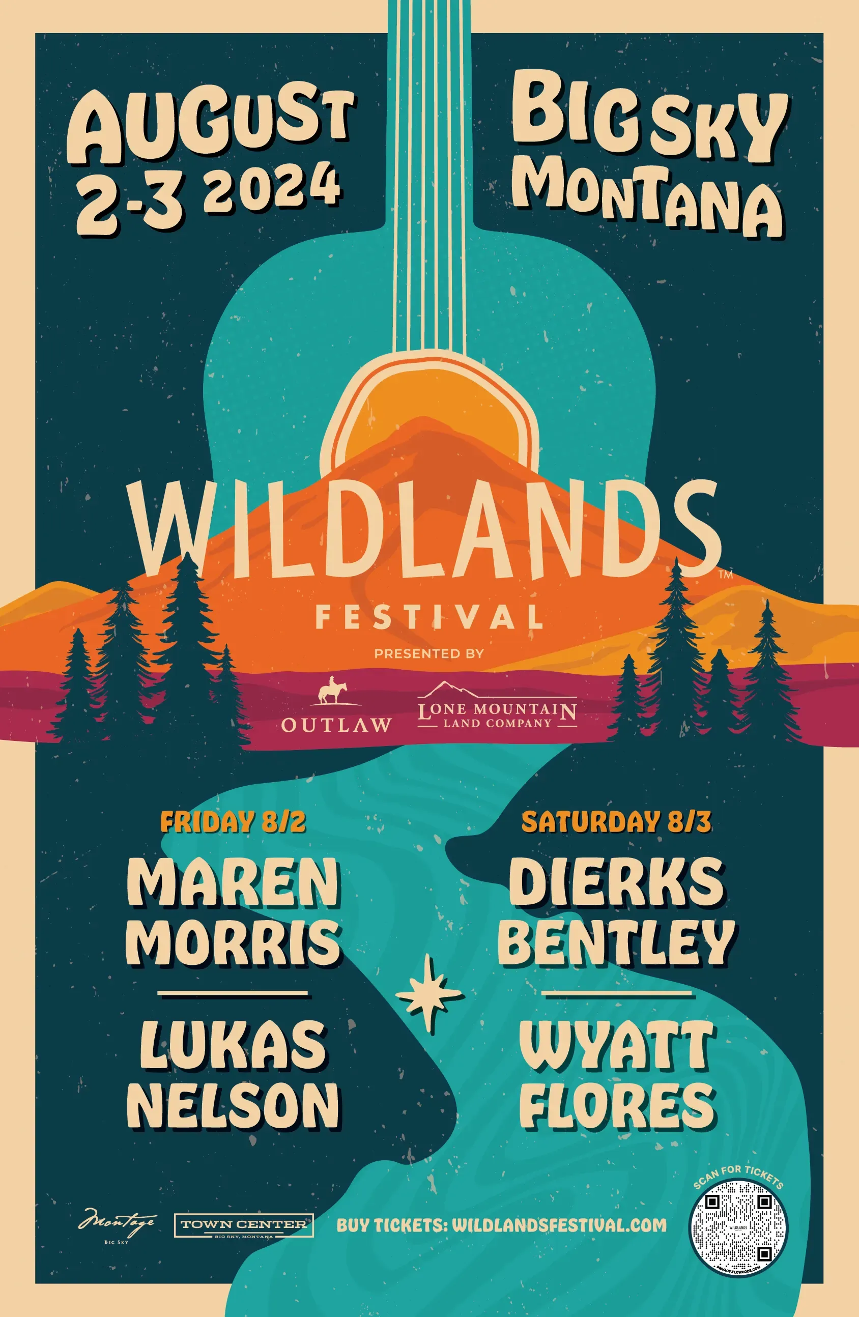 2024 Wildlands poster: an illustrated guitar over an orange peak and a teal river.