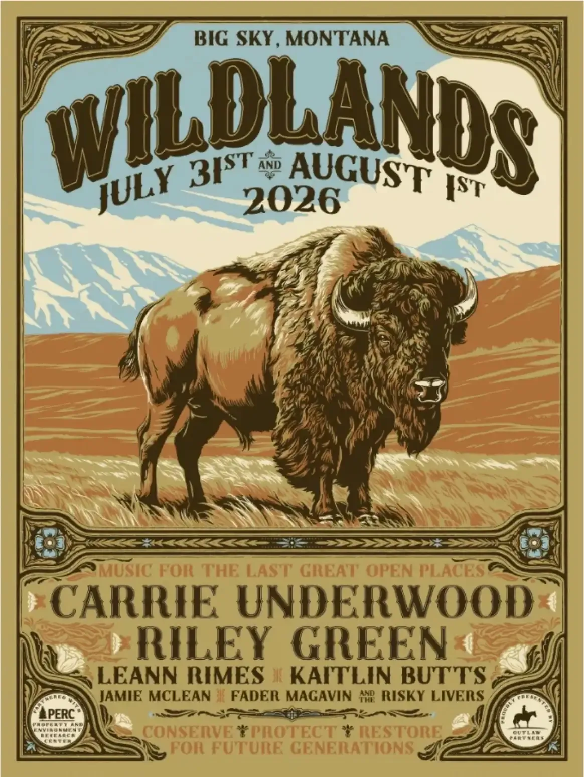 2026 Wildlands foil poster design: an illustrated bison on open grassland below snow-capped mountains.