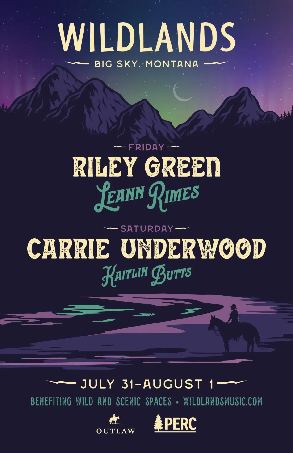 2026 Wildlands poster: illustrated mountains under an aurora and a crescent moon, a rider on horseback at a river below.