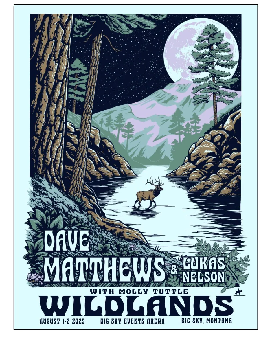 2025 Wildlands foil poster design: an illustrated elk crossing a moonlit river in a forested canyon.
