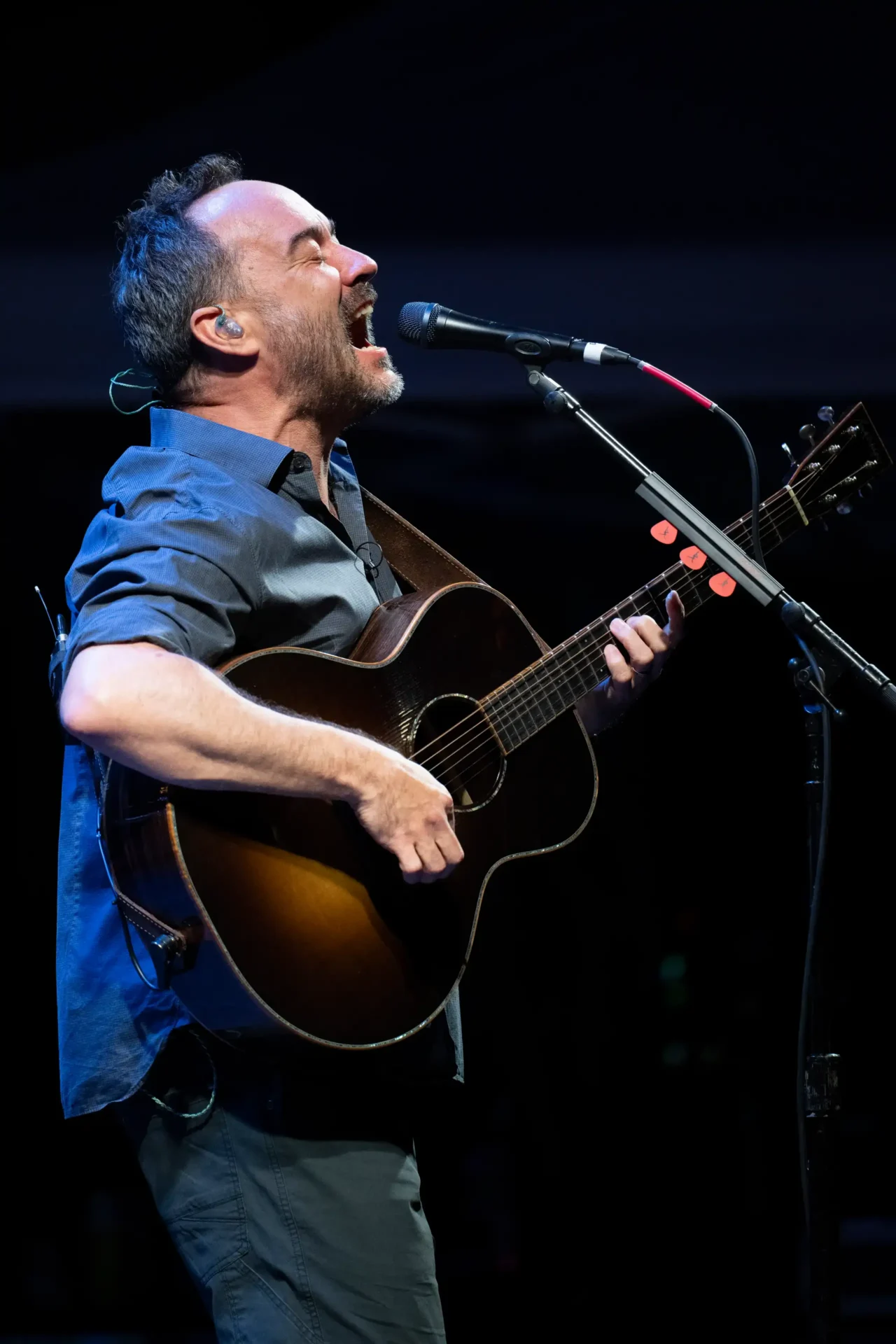 Dave Matthews at Wildlands. A musician singing into a microphone while playing an acoustic guitar.