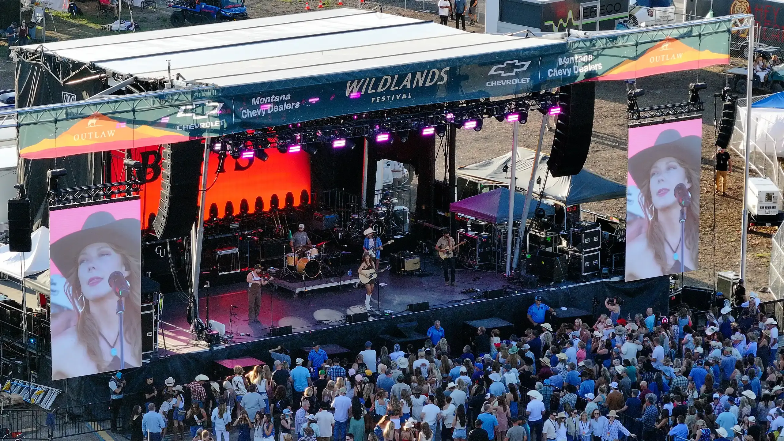 Aerial view of the Wildlands stage and audience during a performance.
