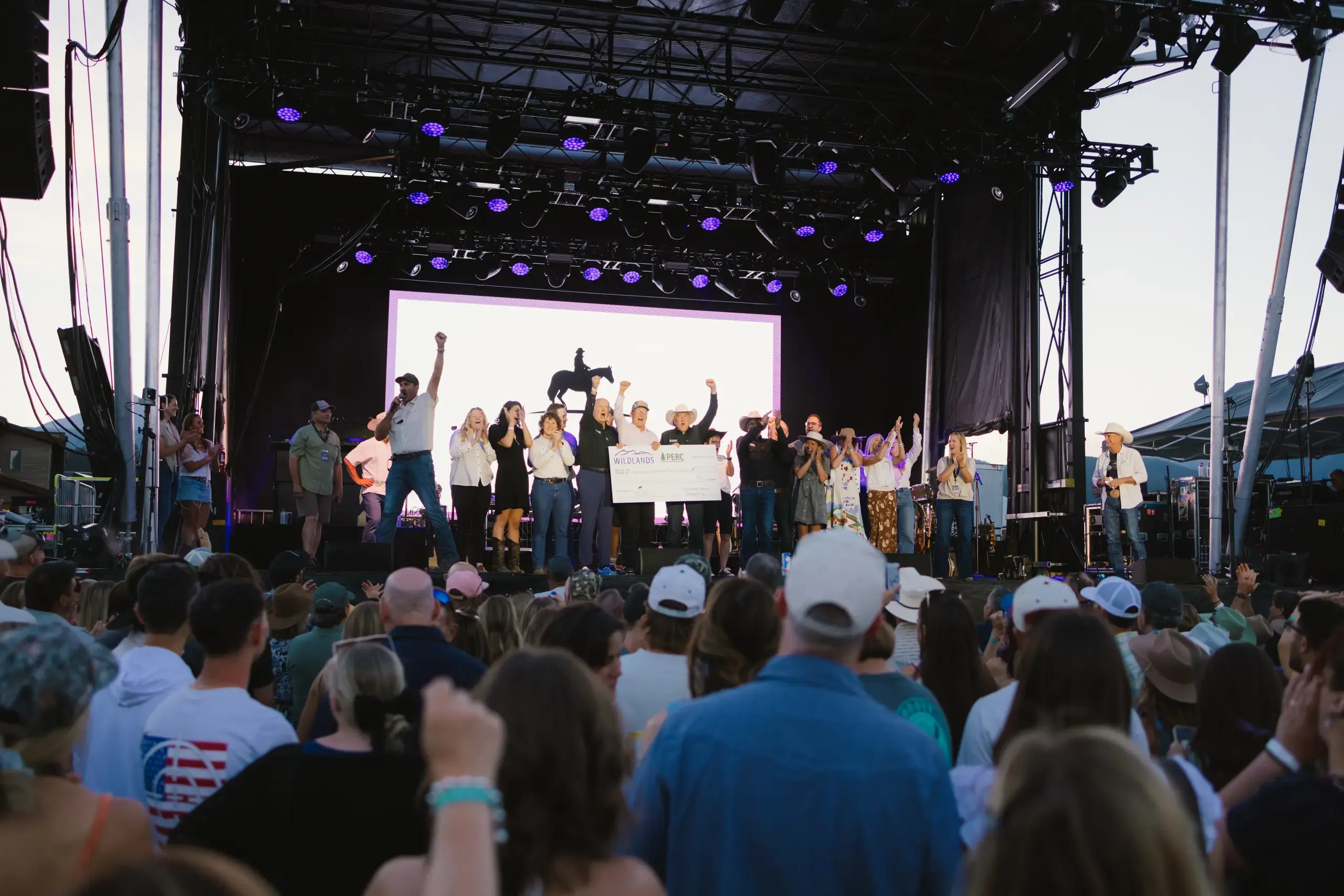 The Wildlands stage at dusk with a full crowd watching beneath the mountain ridge.