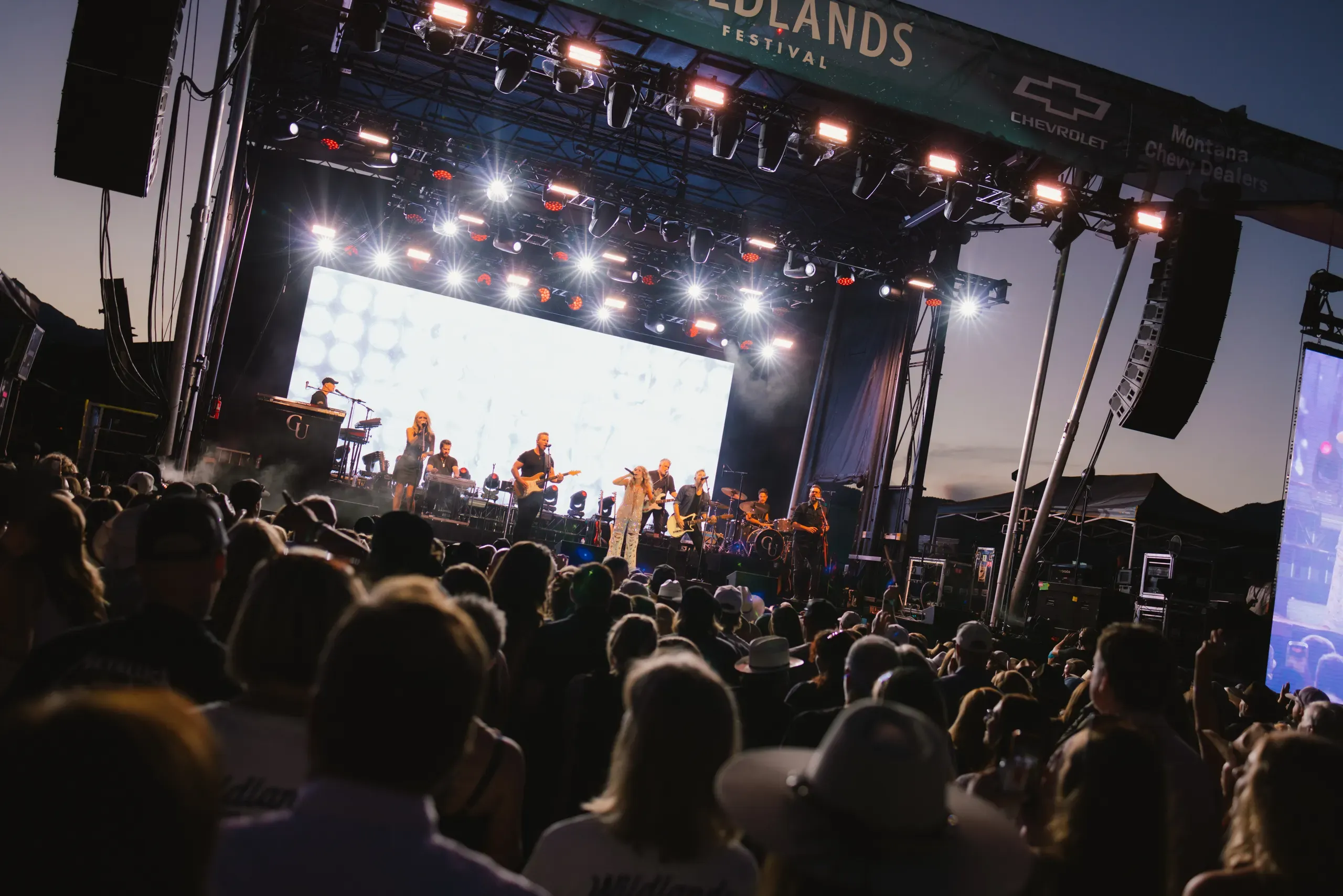 Wide view of a live performance and concert crowd at night.