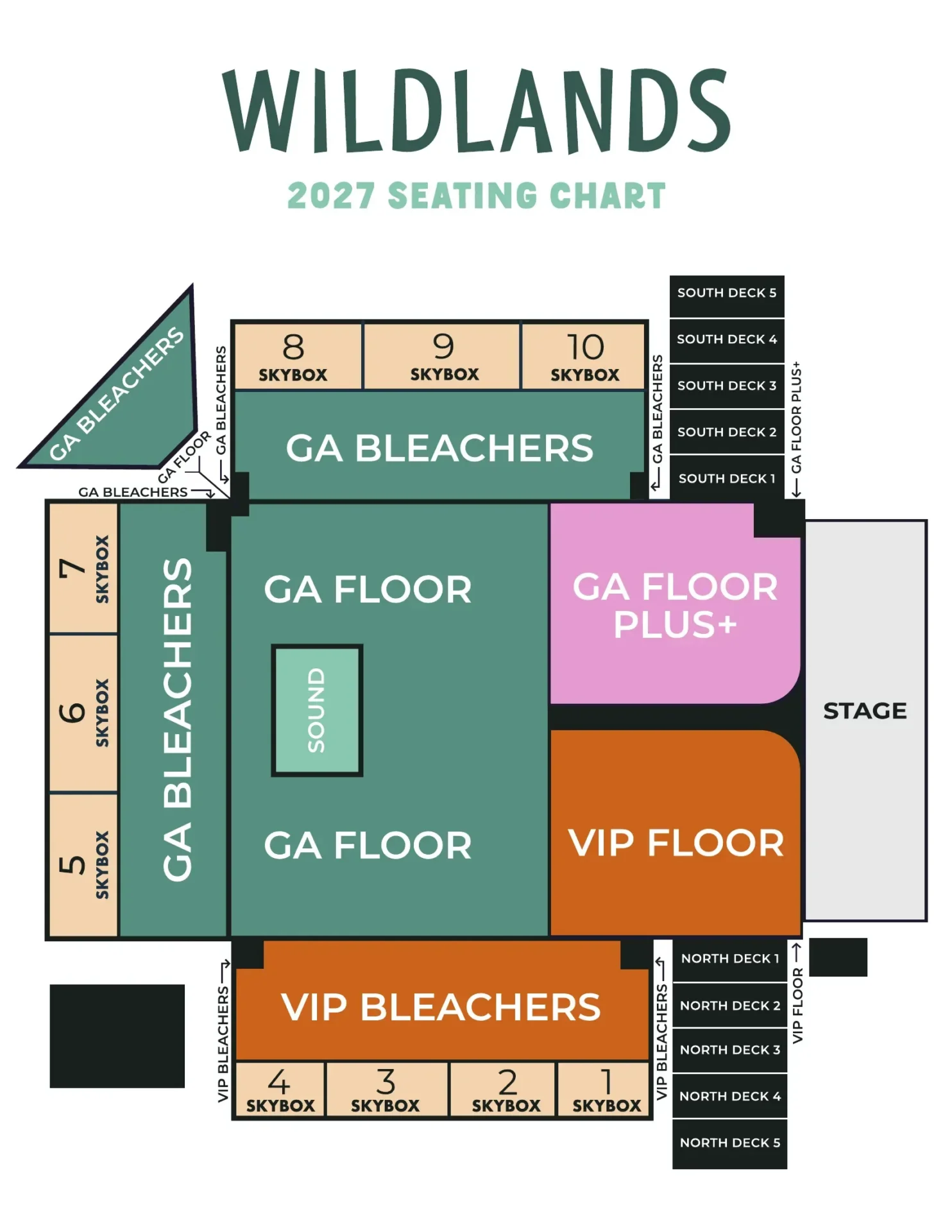 Wildlands 2027 seating chart showing the stage, GA Floor, GA Floor Plus, VIP Floor, bleachers, skyboxes and north and south decks.